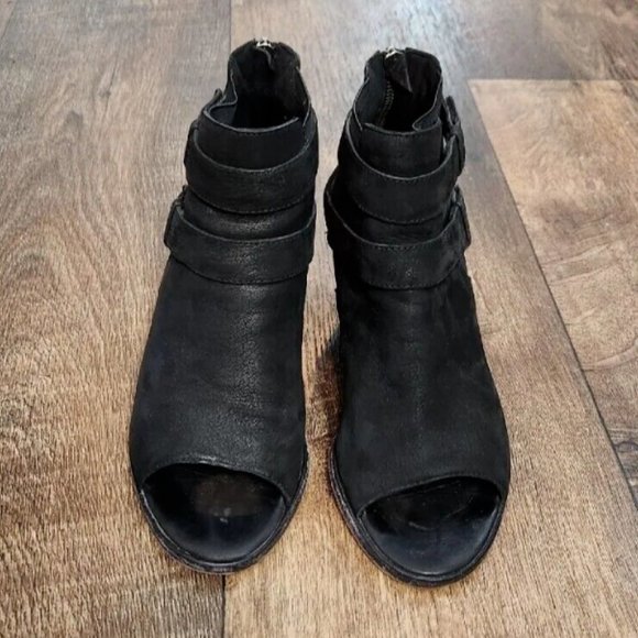 Eileen Fisher List Black Leather Peep Toe Ankle Booties - Picture 4 of 16